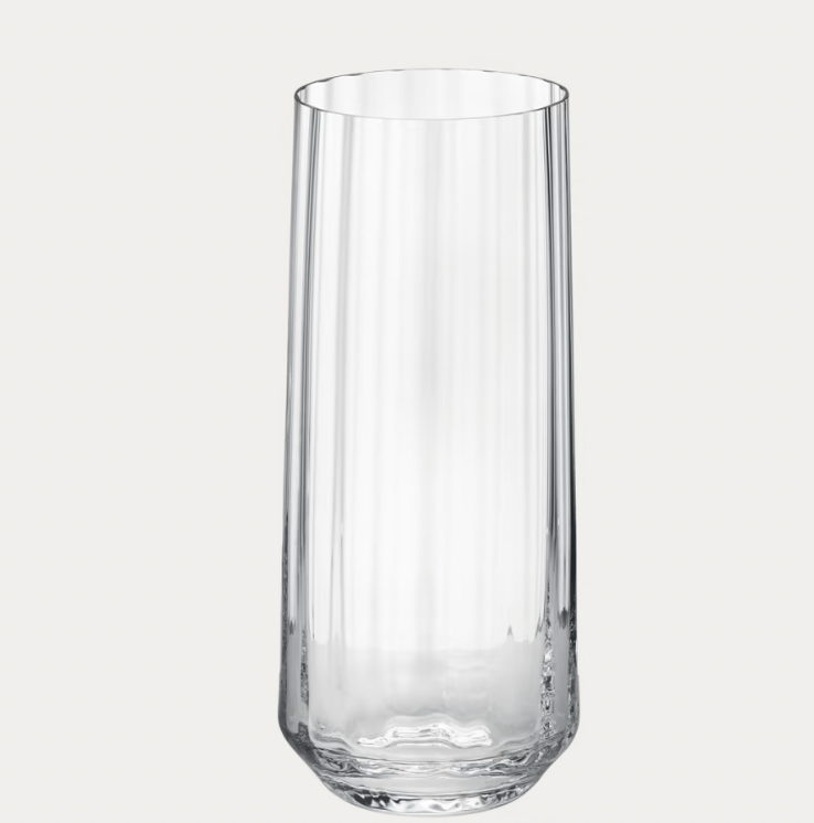 The Bernadotte Glassware Set of 6 by Georg Jensen features tall, clear tumblers with smooth surfaces and rounded bases—an elegant, Scandinavian-inspired design, perfect for any modern table setting.