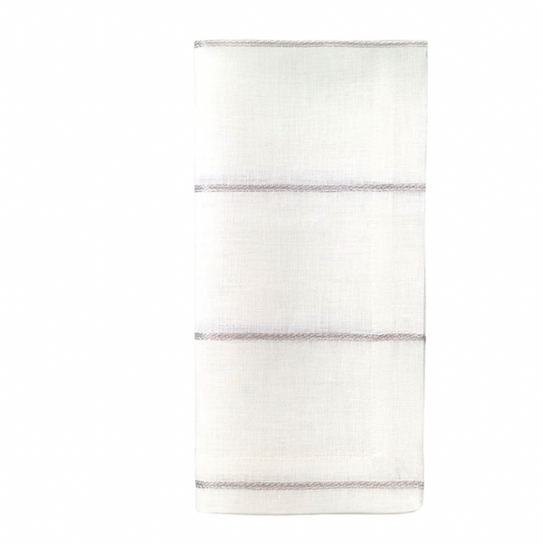 A set of four soft white linen napkins from Bodrum, each featuring three evenly spaced thin silver metallic stripes.