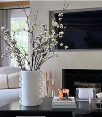 A modern living room features a black coffee table with the Tina Frey Loopy Vase Fog holding flowering branches, a lit candle, and stacked books. Behind it are a fireplace, TV, and a light-colored sofa.