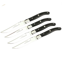 Four stainless steel knives with black handles and silver rivets from the Claude Dozorme Laguiole Steak Knives Set are aligned on a white background, highlighting their modern design and classic French craftsmanship.