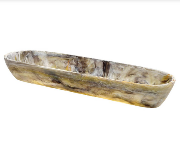 The Nashi Home Swirl Resin Colored Boat Bowl Mocha features a long, shallow design with a marbled mocha pattern. Made from glossy, shatter-resistant resin, it's the perfect accent for your home décor.