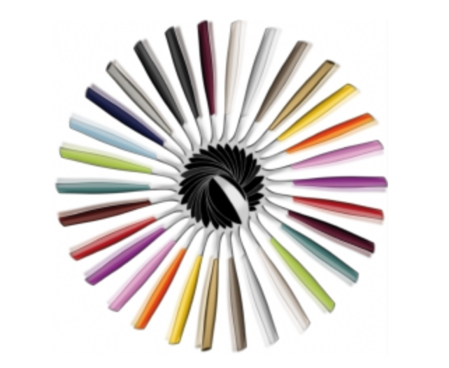 The Casa Bugatti Glamour Colorful Flatware 5 Piece Set is arranged in a neat circle, with each utensil’s handle radiating outward like a vibrant burst against a white background.