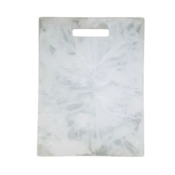 The Nashi Home Swirl Resin Rectangle Chopping Board White - Large features a marbled texture and top handle cutout, perfect for food prep or serving.