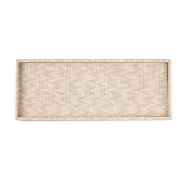 The Victoria Long Rectangle Serving Tray by Bold Decor is beige with raised edges and a subtle herringbone texture, shown from above on a white background.