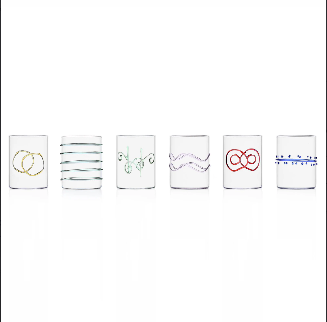 The Ichendorf Milano Deco Arlecchino Water Glass Set of 6 features clear glasses, each adorned with a unique pattern—rings, lines, swirls, waves, loops, and dots—adding style to your table.