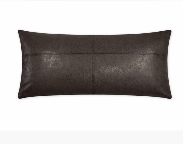 The Rodeo Pillow Chocolate 14 x 24 by D.V. KAP / Canaan Company features rectangular dark brown faux leather with a horizontal seam—an ideal minimalist accent for modern spaces, shown here against a white background.
