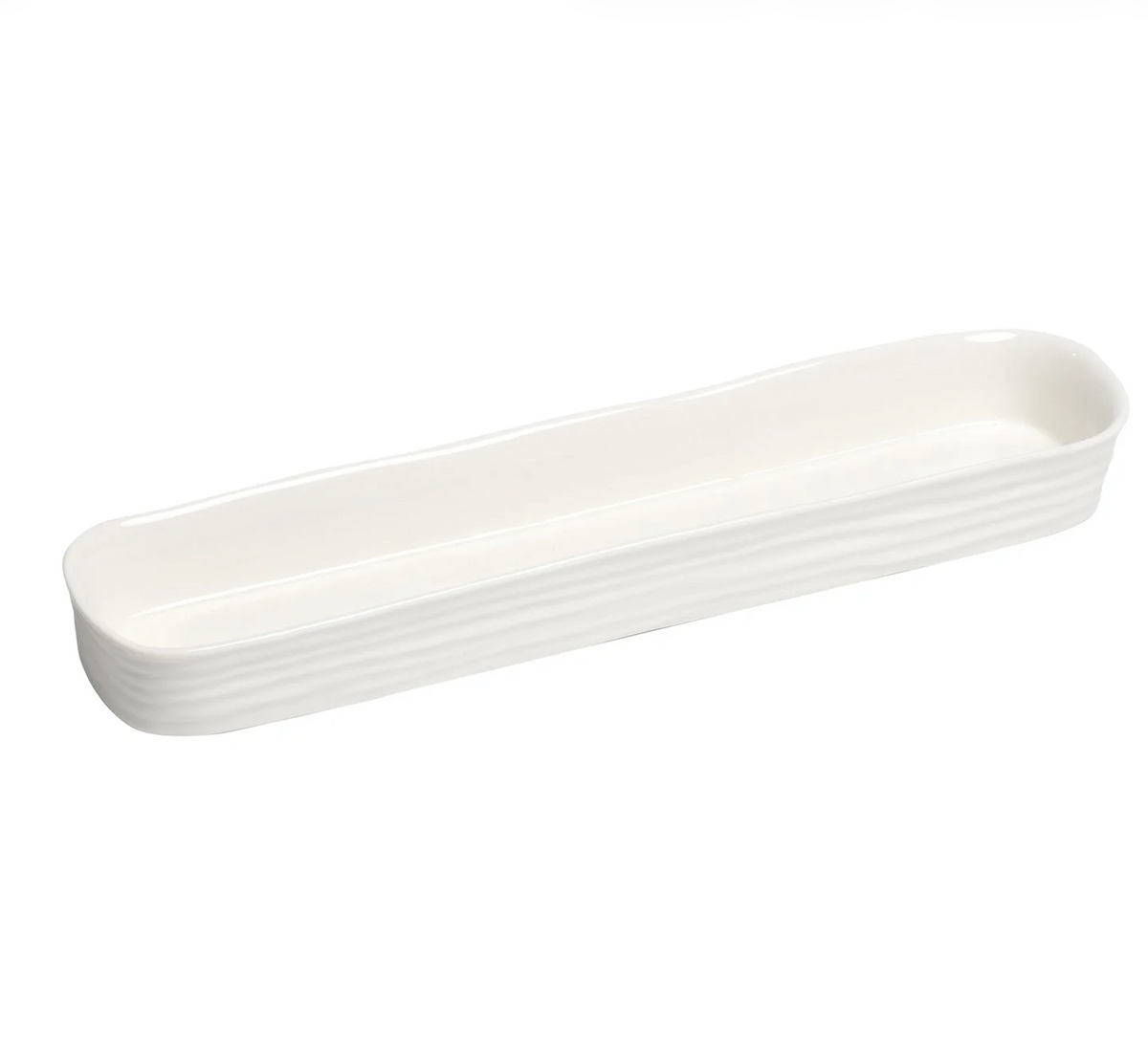 The PAMPA BAY Le Blanc Cracker Tray is a long, narrow white porcelain tray with gently curved sides and a wavy textured exterior—ideal as a stylish serving or cracker tray for any occasion.