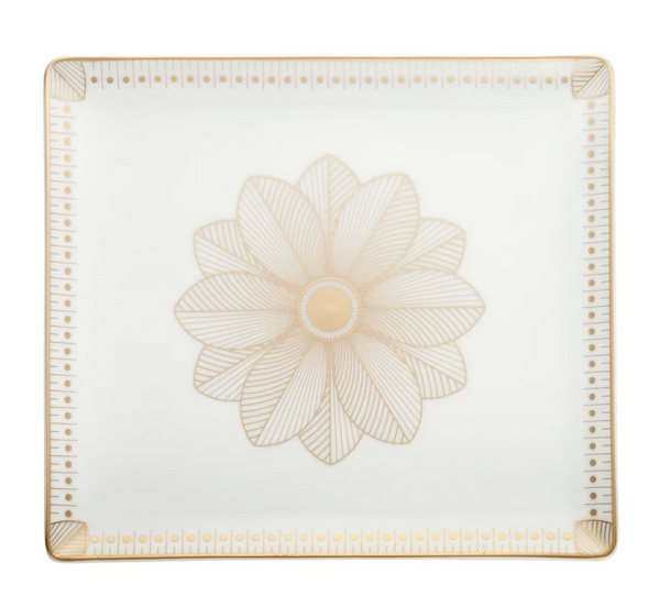 The Christofle Malmaison Imperiale Porcelain Catchall Tray (9 x 8, Gold) features a square white design with a central gold geometric flower and gold-bordered edges, part of the elegant Malmaison Impériale collection.