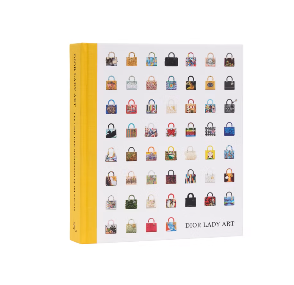 Dior Lady Art by Rizzoli is a book with a yellow spine and white cover featuring illustrated Lady Dior bags, showcasing limited edition handbags in unique colors and patterns—ideal for lovers of iconic fashion accessories.