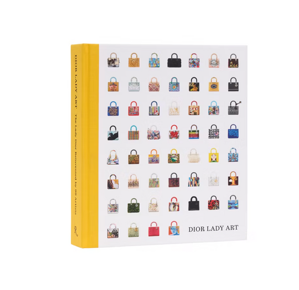 Dior Lady Art by Rizzoli is a book with a yellow spine and white cover featuring illustrated Lady Dior bags, showcasing limited edition handbags in unique colors and patterns—ideal for lovers of iconic fashion accessories.