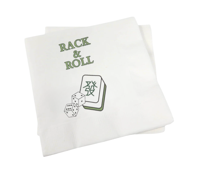 The Print Appeal Cocktail Napkin Pack - RACK & ROLL features white napkins with green text, dice, and a Mahjong tile graphic—perfect for adding fun to your next game night.