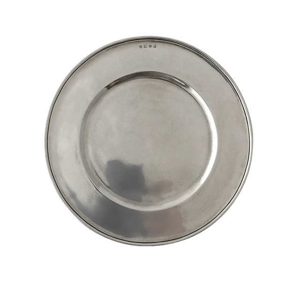 The MATCH Convivio All Pewter Charger is a round, silver plate with a subtle reflective finish and minimal design, viewed from above.