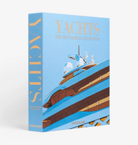 A blue hardcover titled "Yachts - Impossible Collection" by Assouline, featuring an illustrated close-up of a luxury yacht on the cover.