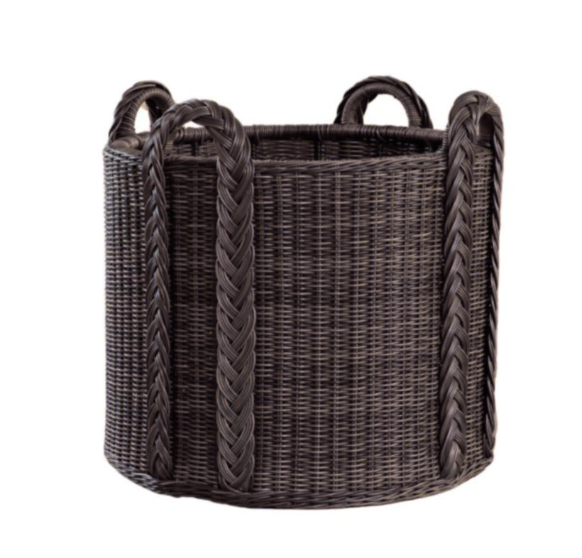 The Newport Outdoor Round Basket - Black by Memoire Designs is a round, dark brown all-weather rattan basket with four thick, braided handles, ideal for outdoor storage and shown against a white background.