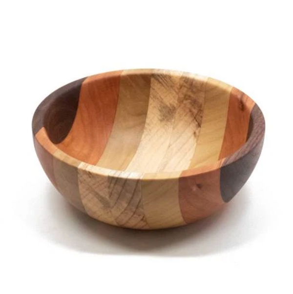 The Multiwood Deep Bowl by Dickinson Woodworking is a round wooden bowl featuring alternating light and dark wood grain stripes, handcrafted from sustainable wood kitchenware and displayed on a white background.