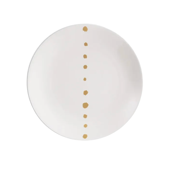 The Dibbern Golden Pearls Dinnerware Dessert Plate features a white ceramic design adorned with a striking line of golden pearls in varying sizes running vertically down the center.