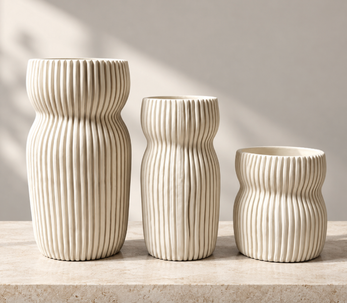 Three cream-colored, hand-sculpted Round Curvy Vase Cream vases of varying heights, each featuring a rounded, hourglass-like shape with vertical ribbed textures.