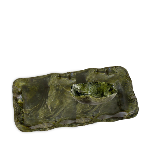 A rectangular tray with a handcrafted resin malachite finish and a Resin Malachite Mini Bowl set on its surface.