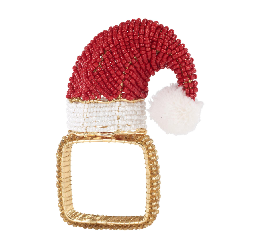 Bodrum Santa Hat Napkin Ring Set 4 featuring a square ring topped with a red cap, white band, and fluffy pom-pom for holiday entertaining.