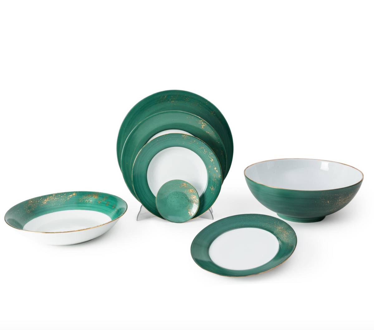 The Molecot Golden Green Dinnerware set includes green and white plates, bowls, and a serving dish with gold porcelain detailing, elegantly arranged on a white background.