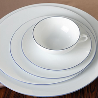 A white teacup with a handle sits on a saucer, stacked on two larger Raynaud Monceau Bleu Outremer porcelain plates featuring thin ultramarine blue rims, all arranged on a wooden table.