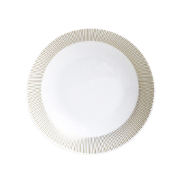The Sol Dinnerware plate by Bernardaud is a white ceramic piece with a wide rim accented by evenly spaced thin gold lines radiating outward, shown against a white background.