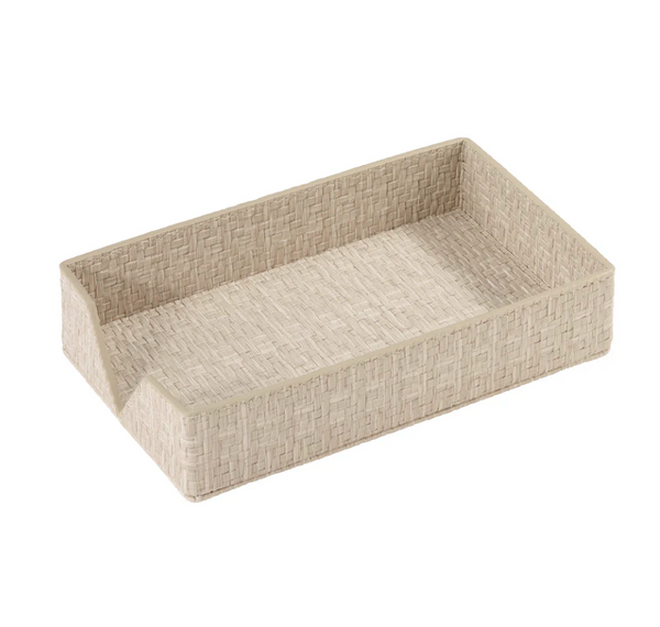 The Bodrum Wicker Guest Towel Holder is a rectangular, light beige tray with a low front edge and higher sides and back, featuring a classic woven design that’s ideal for organizing towels or other items.