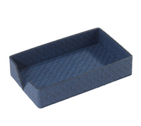 The Bodrum Wicker Guest Towel Holder features a rectangular woven blue design with high sides and a lower front edge, perfect for holding napkins or small items.