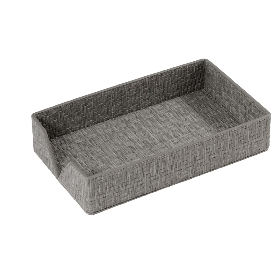 The Bodrum Wicker Guest Towel Holder is a rectangular, grey woven basket tray with three tall sides and one short side for easy access, featuring a textured wicker design.