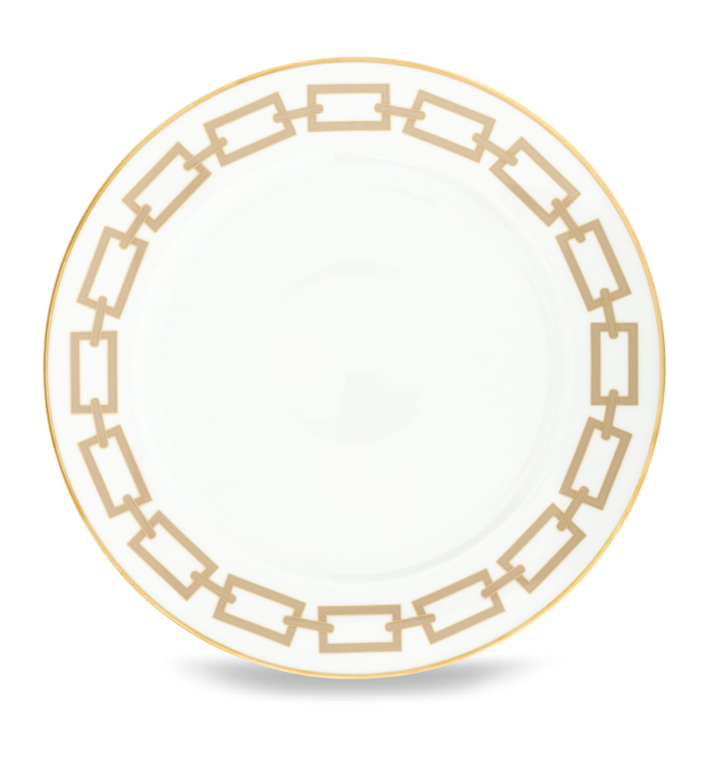 A beige ceramic plate from Ginori 1735's Catene Cachemire collection, featuring a gold geometric border of interconnected rectangles and a thin gold rim around the edge.