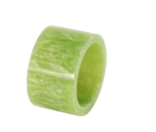 The Bodrum Marble Band Napkin Ring Set of 4 features smooth, wide cylindrical rings in light green jade with subtle marbling—perfect for adding a pop of color and elegance to your dining decor. Shown on a white background.