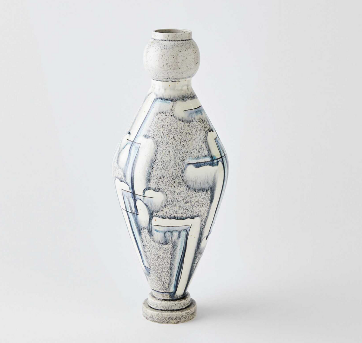 The Spindel Vase Grey Blue by Global Views/Surya features a tall, narrow neck and base with a speckled light gray finish and abstract blue-gray brushstrokes. This hand-painted vase is shown standing alone against a plain white background.