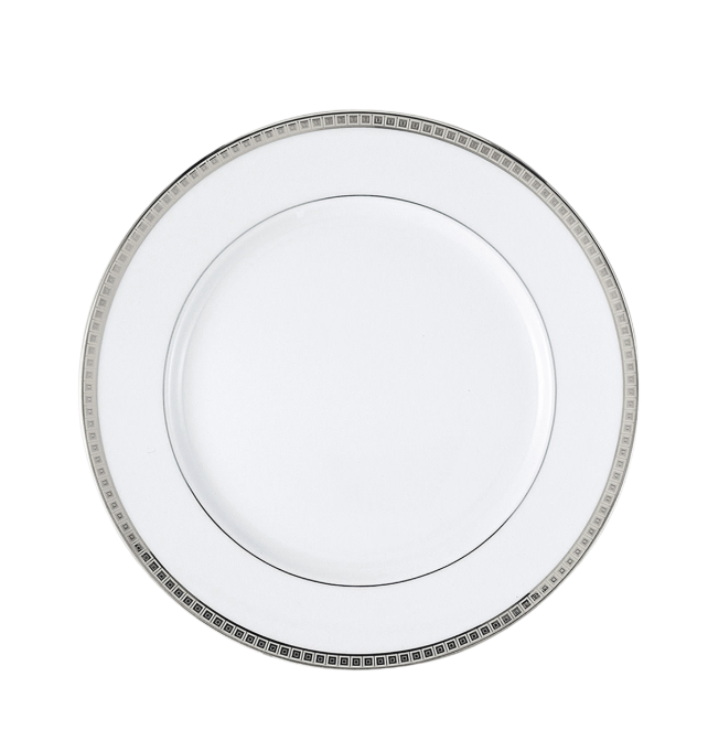 A round, white porcelain plate from Bernardaud’s Athena Platinum Dinnerware, featuring a sleek silver geometric rim pattern, is shown from above against a white background.