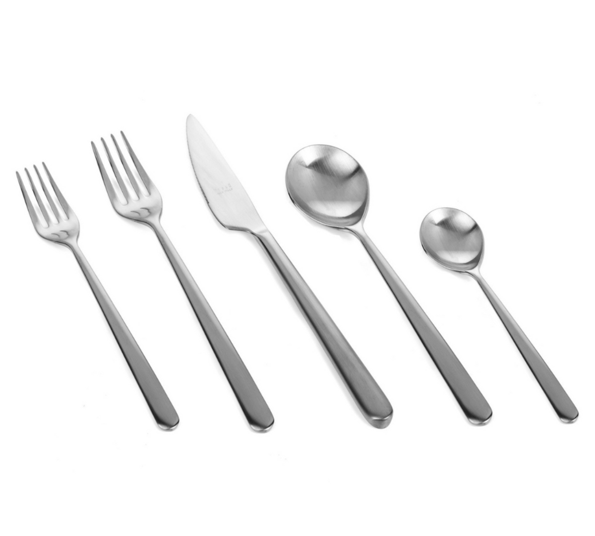 The Mepra Linea Flatware 5 Piece Setting - Ice features two forks, a knife, a soup spoon, and a teaspoon in brushed stainless steel, arranged in a row on a white background.