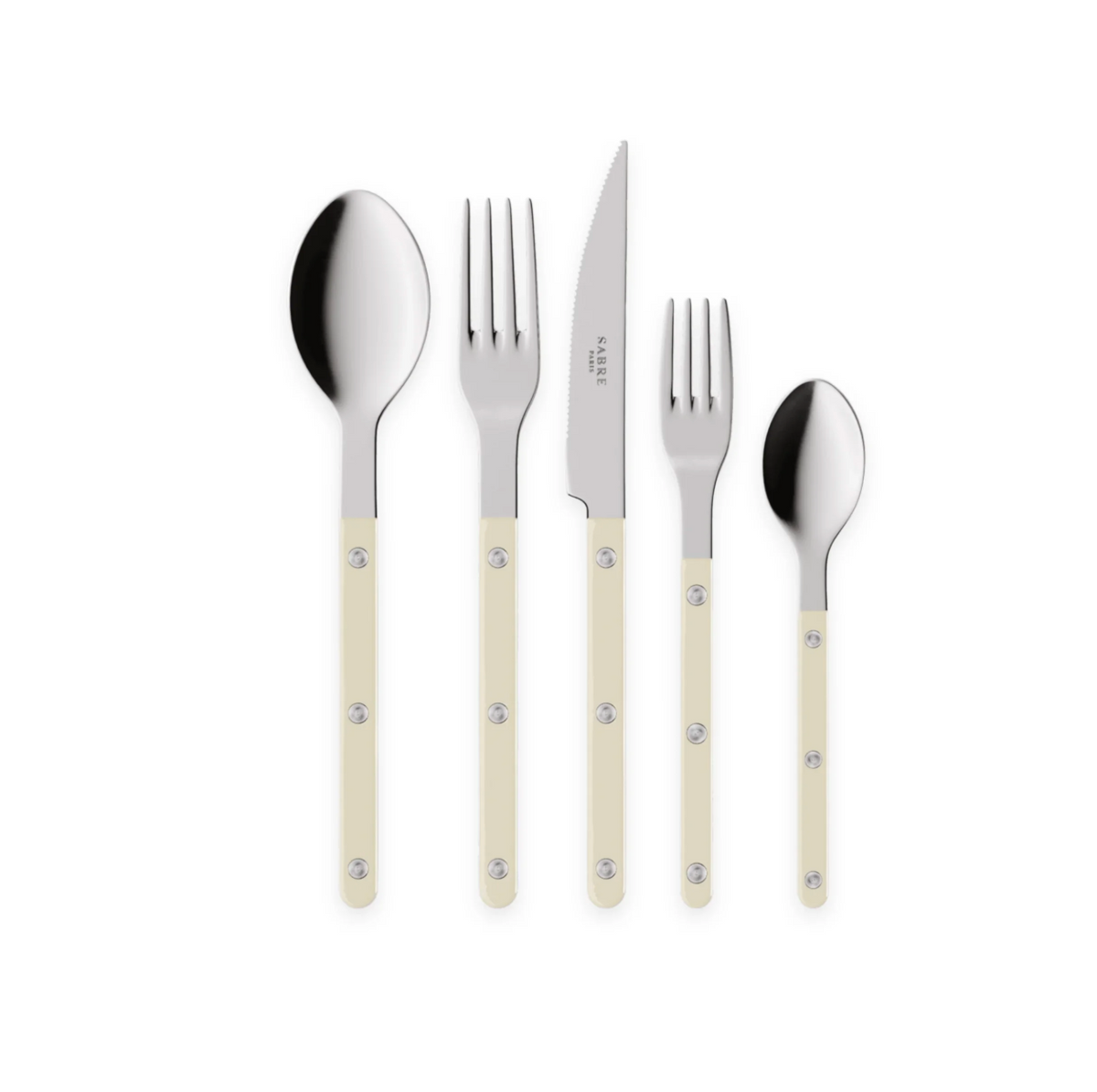 The Sabre Bistrot Solid Flatware 5 Piece Setting - Shiny features a tablespoon, table fork, dinner knife, salad fork, and teaspoon with shiny metal tops and cream riveted handles for Paris-inspired style.