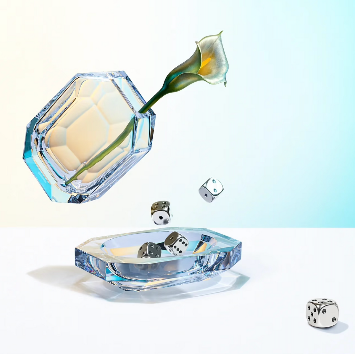 A Baccarat Octogone Bud Vase holds a calla lily, suspended above a matching glass dish. Silver dice scatter and fall midair or rest in the dish, all set against a pastel background reminiscent of Baccarat chandeliers.