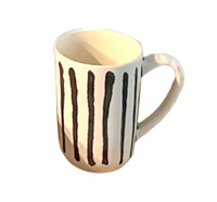 The Linea Dinnerware white ceramic mug by Michael Wainwright features evenly spaced vertical black stripes and a large handle, shown on a white background.