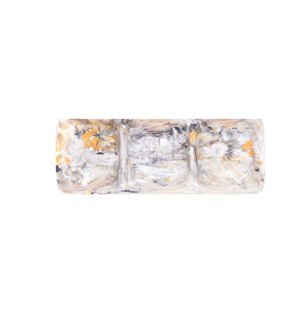 The Nashi Home Swirl Colored Resin 3 Section Tray - Mocha - Medium features a stylish marbled pattern in white, gray, yellow, and black, making it a chic rectangular organizer set against a plain white background.