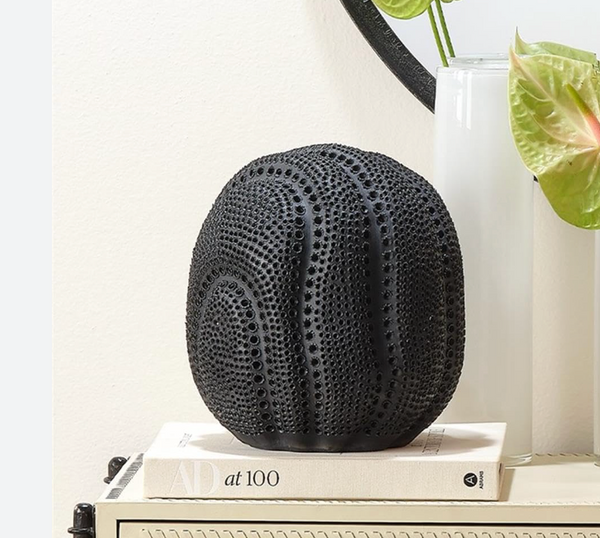 The Jamie Young Solar Sphere - Black, a textured decorative sculpture with raised dots, sits on a white book titled AD at 100 beside a large celestial vase with green and pink anthuriums, set against a cream-colored wall.