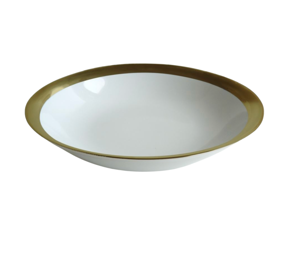 The Danielle Gold Dinnerware by Royal Limoges features a white porcelain bowl with a shiny gold band around the rim, displayed on a plain white background.