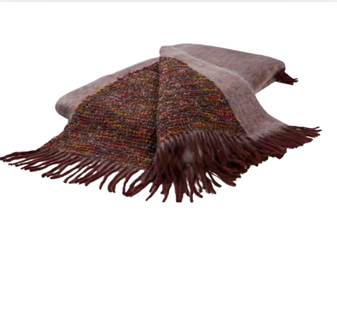 The Coco Throw by Mantas Ezcaray is a folded, fringed double-sided blanket featuring a multicolored woven center, solid maroon edges, and Chanel-inspired style, displayed on a white background.