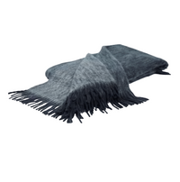 The Diana Mohair Throw by Mantas Ezcaray is a soft, dark gray wool blanket with fringed edges, elegantly folded on a white background—perfect for cozy evenings.