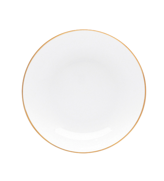 The Palmyre Dinnerware by Bernardaud features a plain white ceramic plate with a thin gold rim, shown from above on a white background—an understated, refined addition to any table.