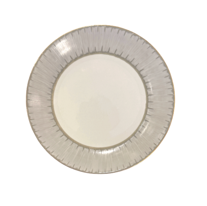 A round, white ceramic Marie Daâge Ruban 1 Dinnerware plate with a light gray ridged border, viewed from above on a white background.