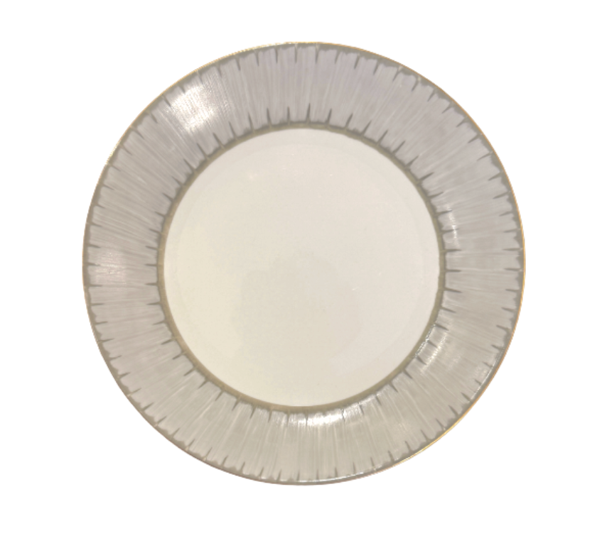 A round, white Marie Daâge Ruban 1 porcelain plate with a textured, translucent gray rim and vertical etched lines is shown from above on a plain white background, highlighting the elegant Marie Daâge dinnerware design.
