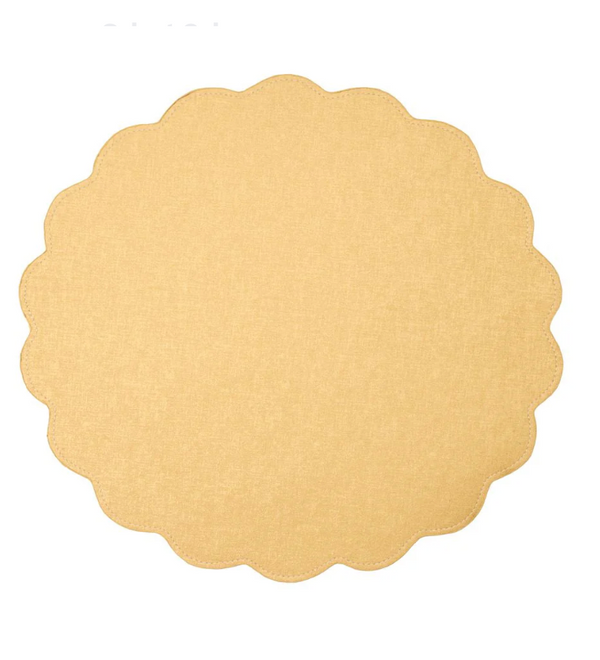 The Victoria Round Scallop Placemat Set of 4 by Deborah Rhodes features light tan placemats with delicate scalloped edges—an elegant, easy-care choice for stylish dining.