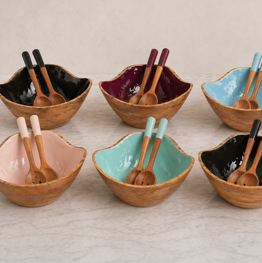 The Indy Home Montauk Serving Bowl With Servers set includes six handmade mango wood bowls with colorful interiors and matching wooden serving spoons—perfect for stylish entertaining.