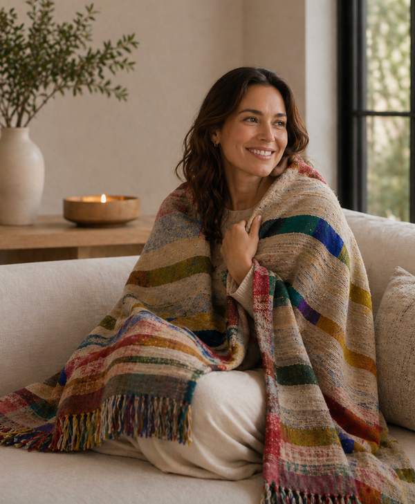 A woman sits on a sofa, smiling warmly and wrapped in the Threads Soft Goods Lexi Handwoven Throw. On a wooden table behind her are a candle and a vase with green branches, illuminated by natural light from the window.
