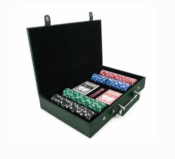The Rowan 200 Chip Poker Set by Brouk & Co features a green case with an open lid, revealing stacks of red, blue, green, black, and white chips plus two decks of playing cards—perfect for your next casino night.