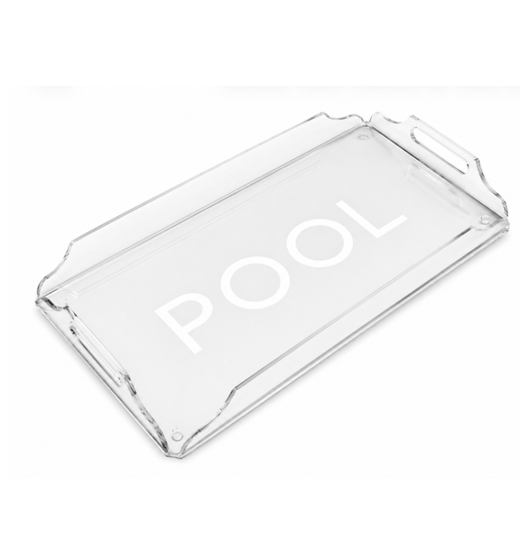 The Eye Candy Deluxe Acrylic Pool Tray features cutout handles and bold white "POOL" lettering—ideal for stylish outdoor serving or as a poolside tray at any gathering.